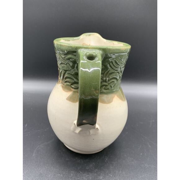 Studio Art Pottery Pitcher Ivory Green Glaze Leaves Signed - Picture 2 of 7